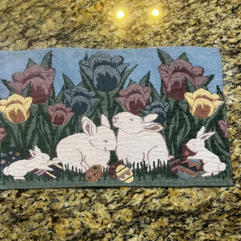 Easter Bunny Woven Tapestry Table Runner Spring Tulips Eggs 72 Inch Cottagecore